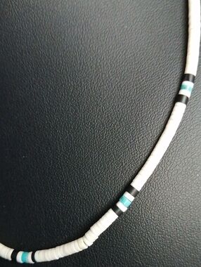 Unisex Surfer Necklace White Heishi Shell Discs & Turquoise Beaded Silver 925